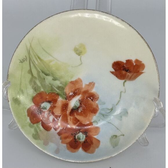 Vintage Silesia Porcelain Dish Plate Hand Painted Poppy Floral Gold Rimmed 6" - Picture 1 of 6